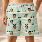 Model wearing Men's Lens Liaisons Custom Face Beach Shorts printed with kids' faces