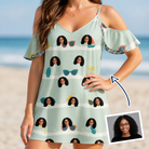Woman wearing Women's Lens Liaisons Custom Face Off-Shoulder Dress — custom faces printed all-over