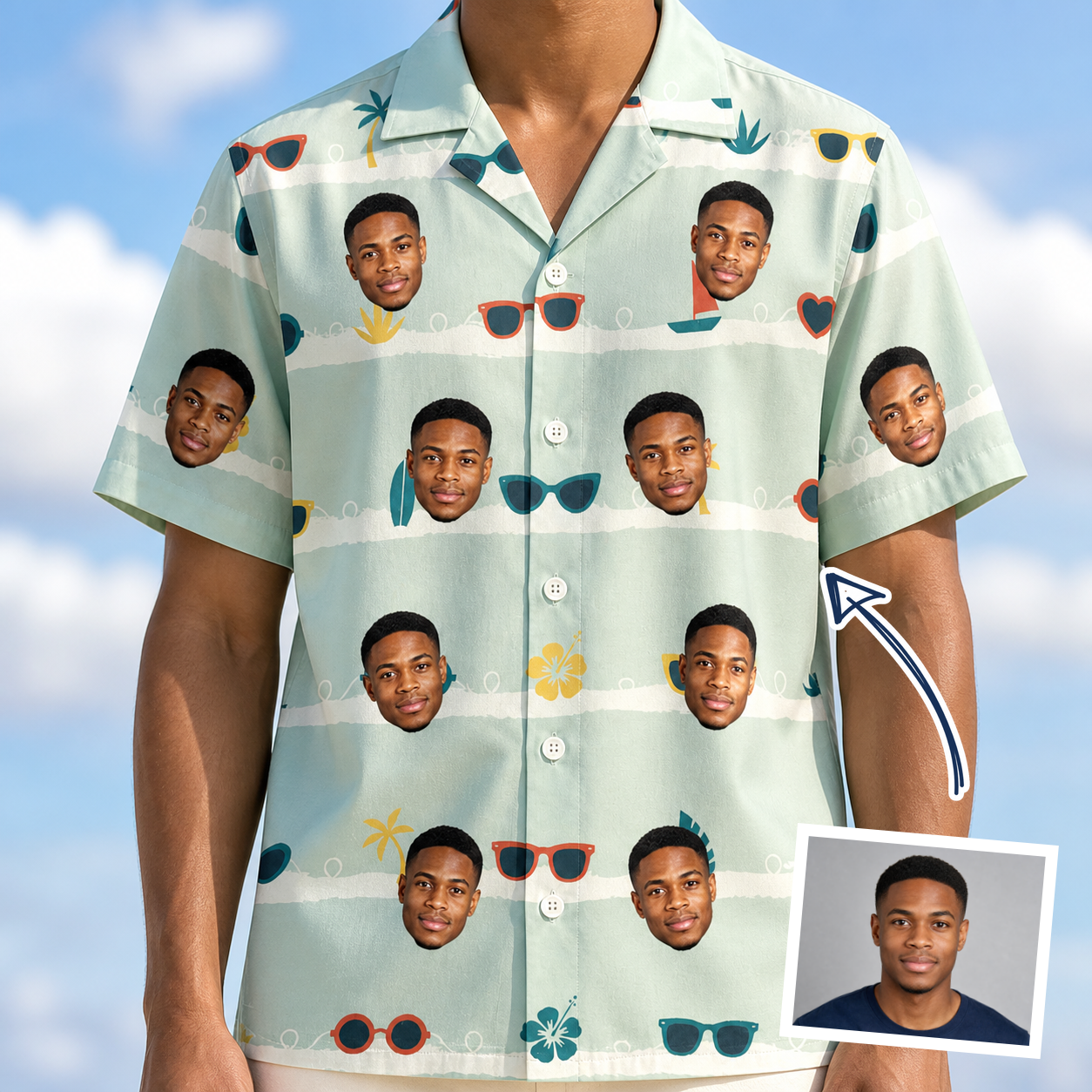 Man wearing Men's Lens Liaisons Custom Face Hawaiian Shirt — custom faces printed all-over