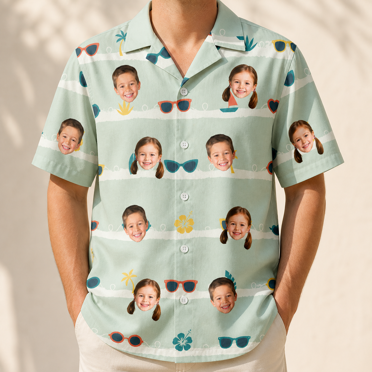 Model wearing Men's Lens Liaisons Custom Face Hawaiian Shirt printed with kids' faces