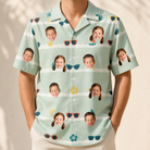 Model wearing Men's Lens Liaisons Custom Face Hawaiian Shirt printed with kids' faces