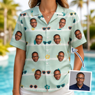 Woman wearing Women's Lens Liaisons Custom Face Hawaiian Shirt — custom faces printed all-over