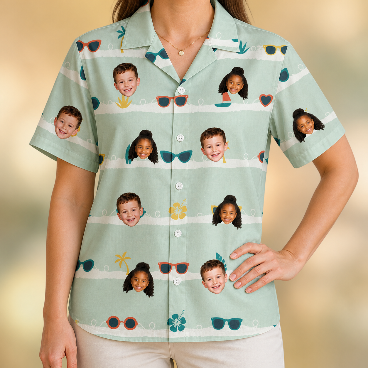 Model wearing Women's Lens Liaisons Custom Face Hawaiian Shirt printed with kids' faces