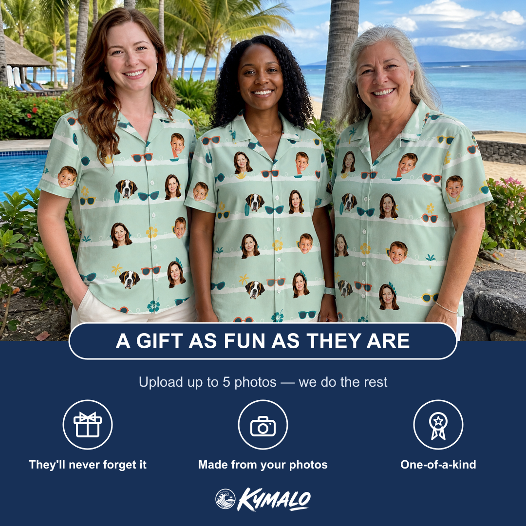 Friends in matching Women's Lens Liaisons Custom Face Hawaiian Shirt — a group gift photo
