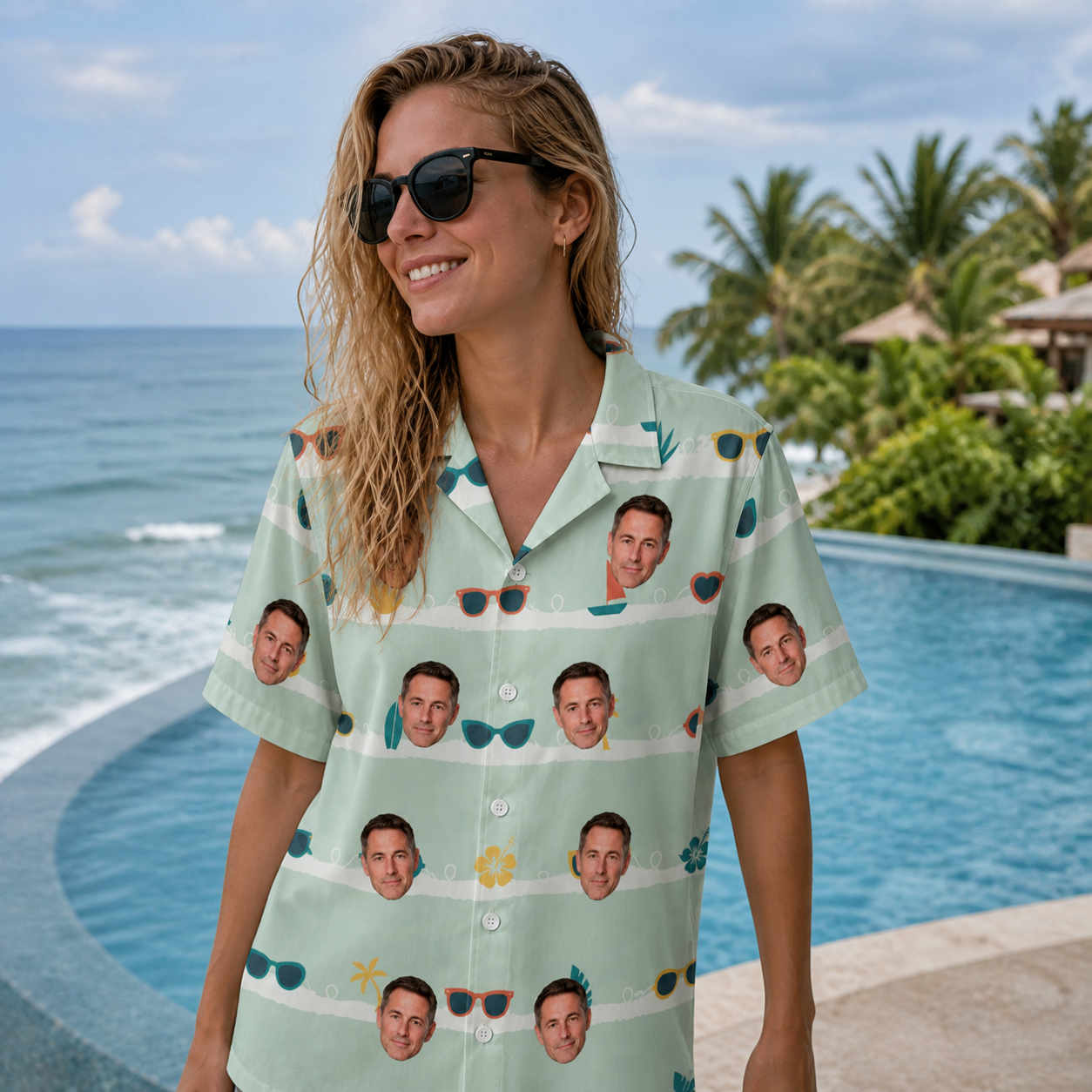 Real-life photo of someone wearing Women's Lens Liaisons Custom Face Hawaiian Shirt — custom faces printed all-over
