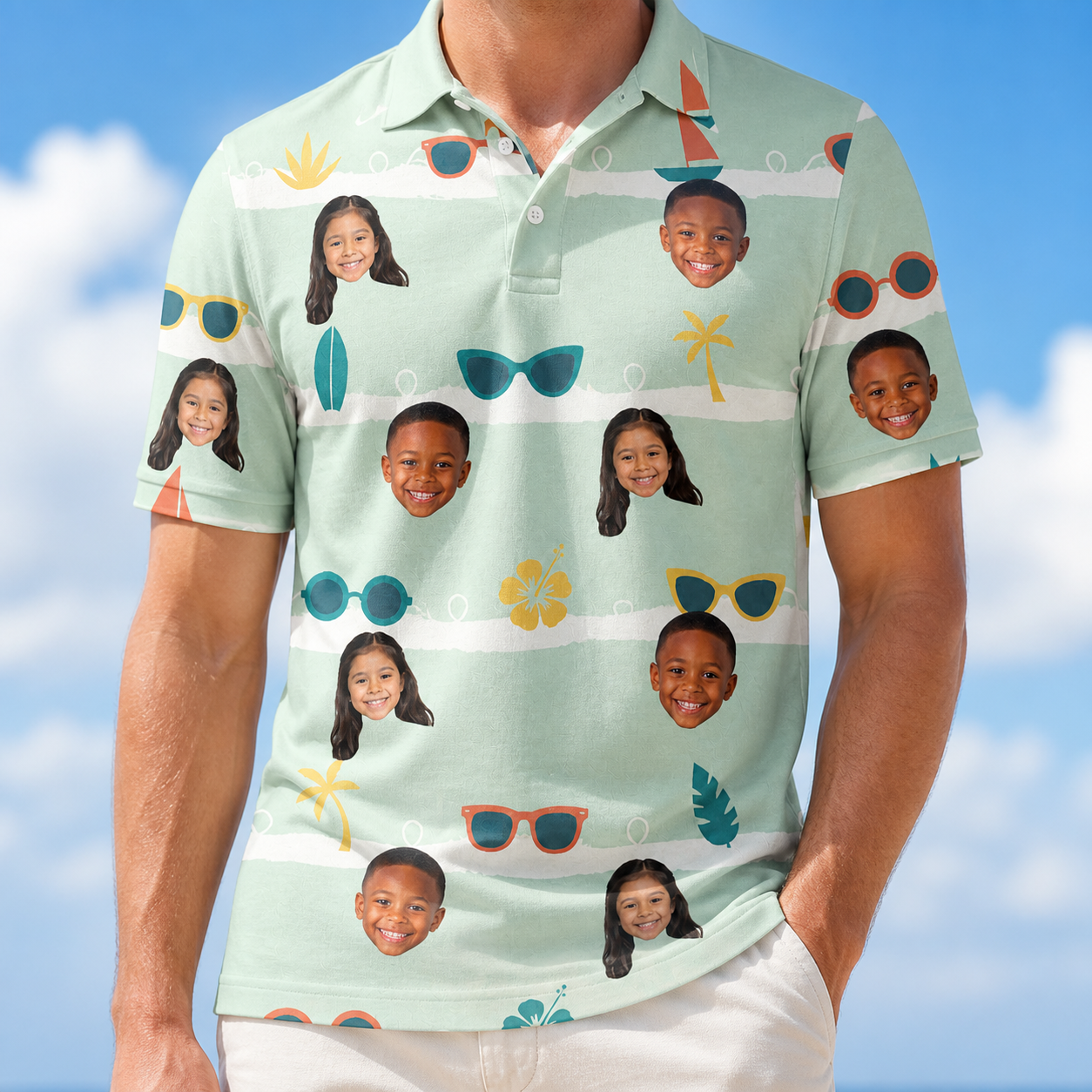 Model wearing Men's Lens Liaisons Custom Face Polo Shirt printed with kids' faces