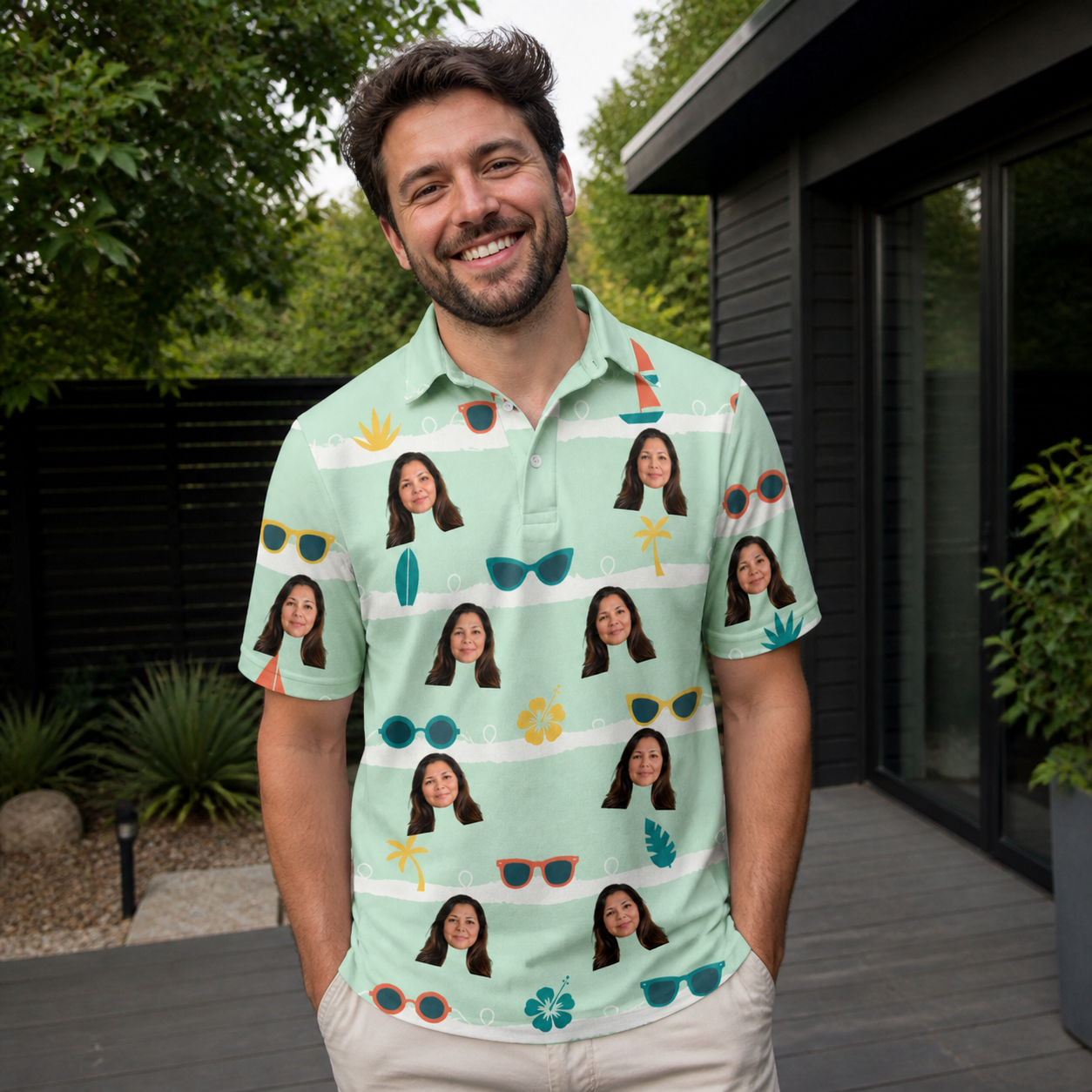 Real-life photo of someone wearing Men's Lens Liaisons Custom Face Polo Shirt — custom faces printed all-over