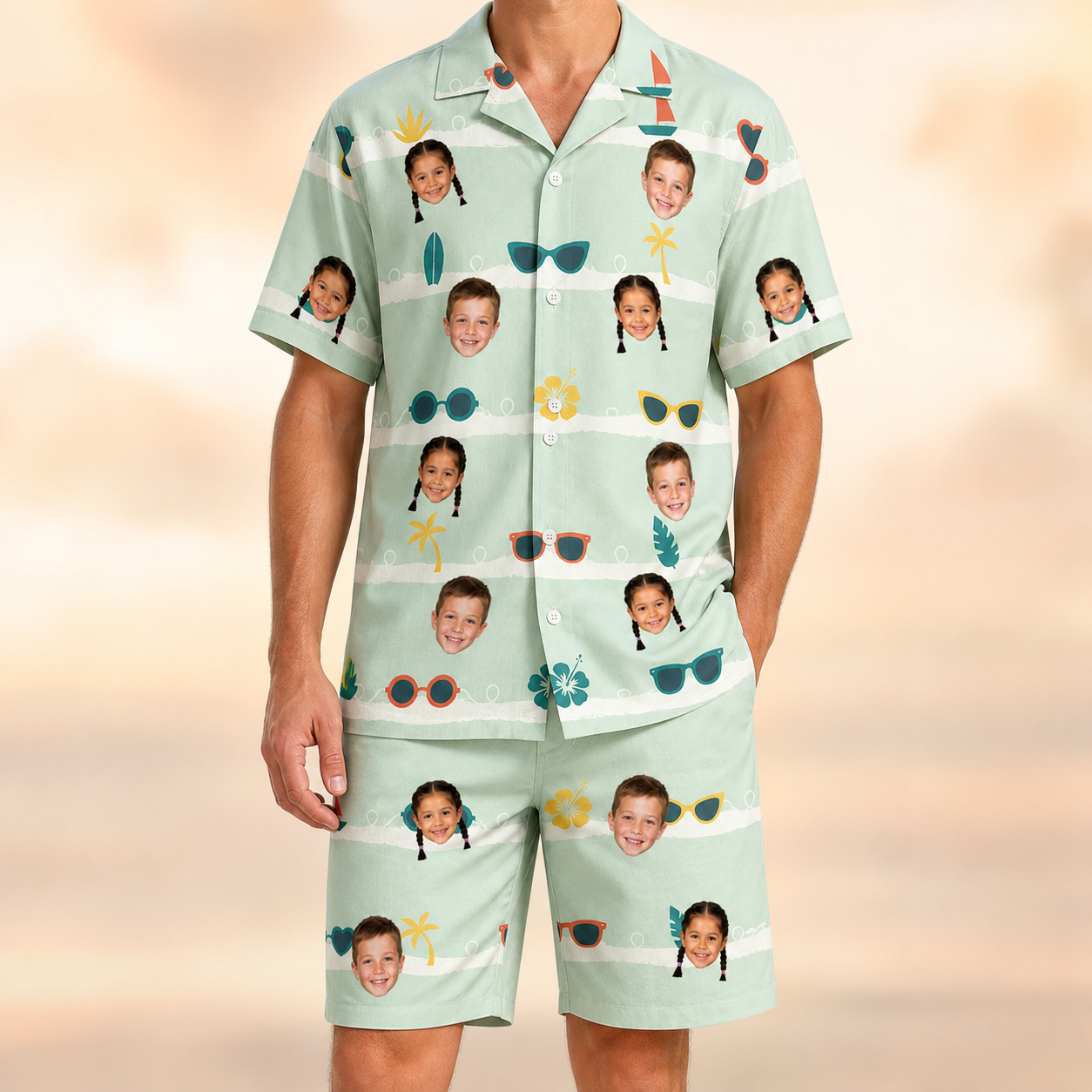 Model wearing Men's Lens Liaisons Custom Face Shirt & Shorts Set printed with kids' faces