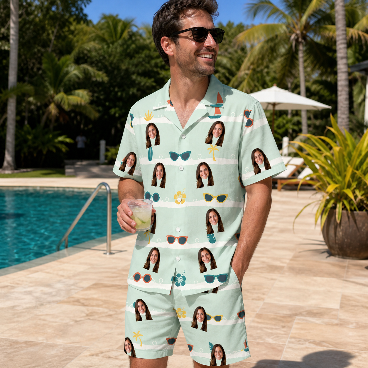 Real-life photo of someone wearing Men's Lens Liaisons Custom Face Shirt & Shorts Set — custom faces printed all-over