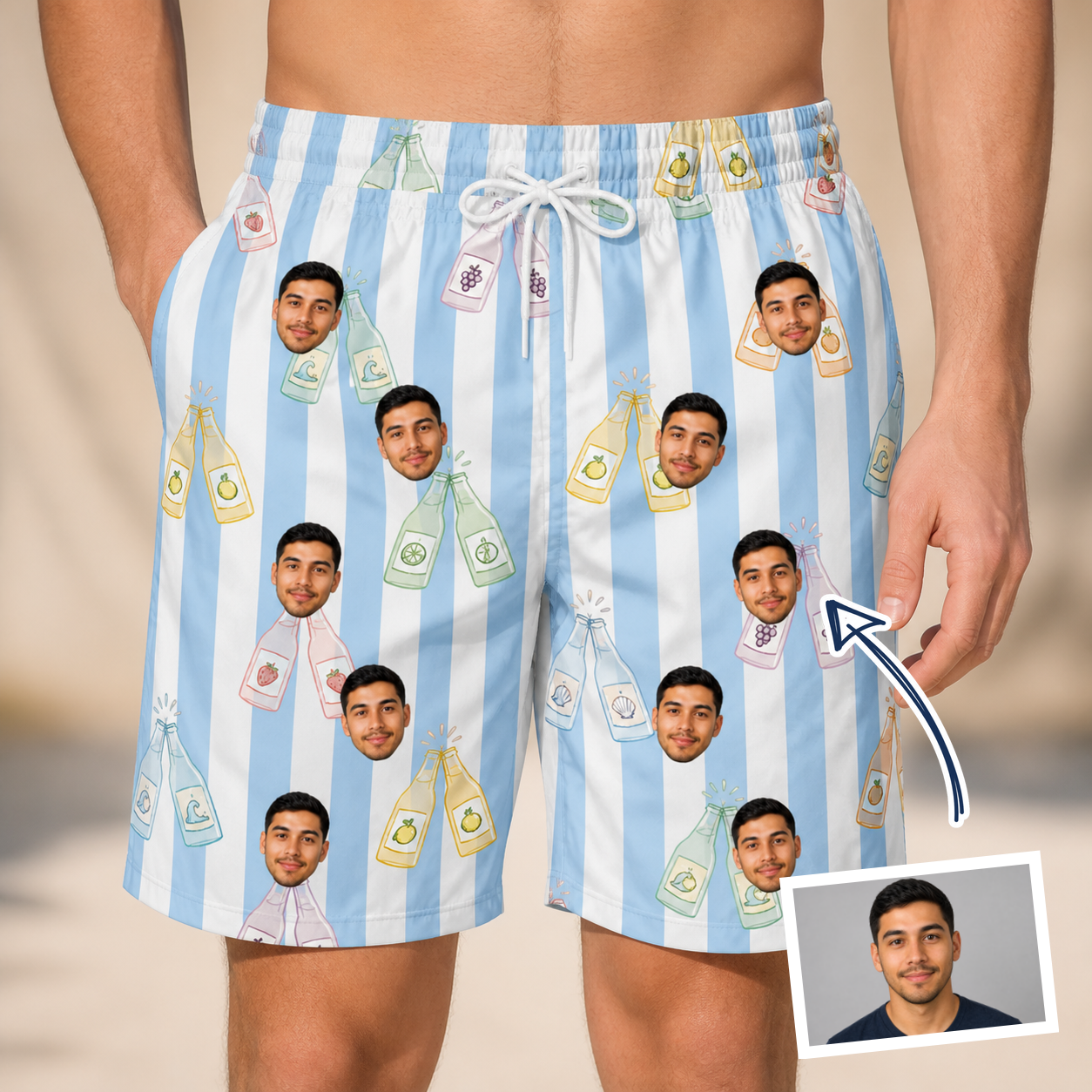 Man wearing Men's Bottle Belles Custom Face Beach Shorts — custom faces printed all-over