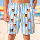 Model wearing Men's Bottle Belles Custom Face Beach Shorts printed with kids' faces