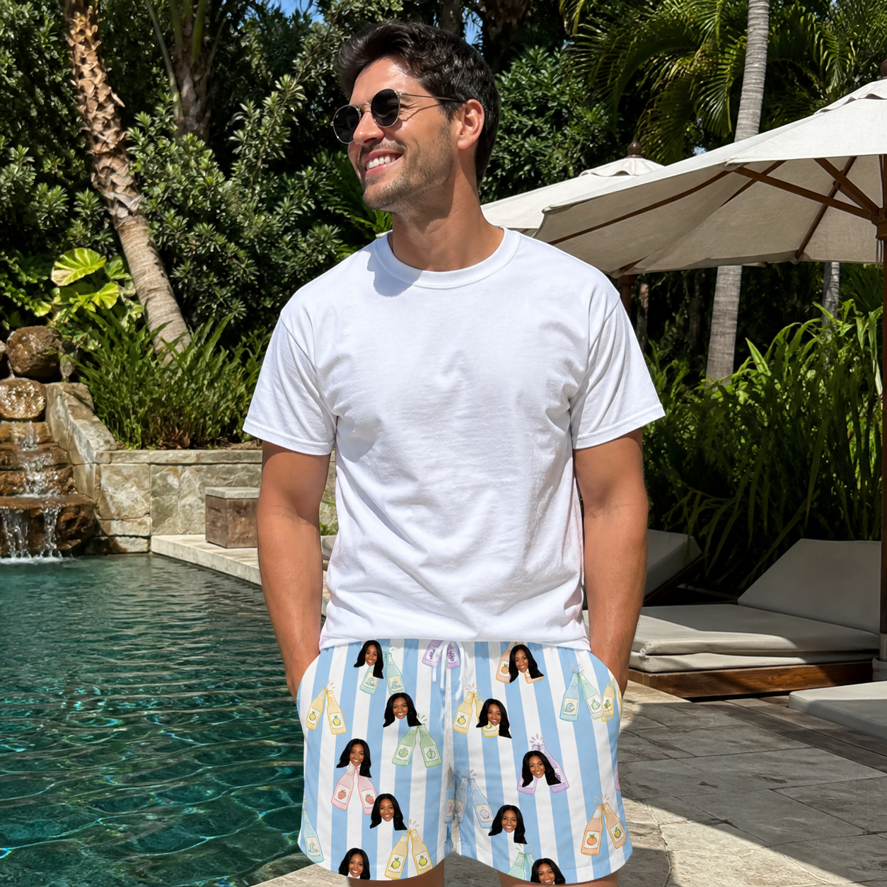 Real-life photo of someone wearing Men's Bottle Belles Custom Face Beach Shorts — custom faces printed all-over