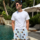 Real-life photo of someone wearing Men's Bottle Belles Custom Face Beach Shorts — custom faces printed all-over