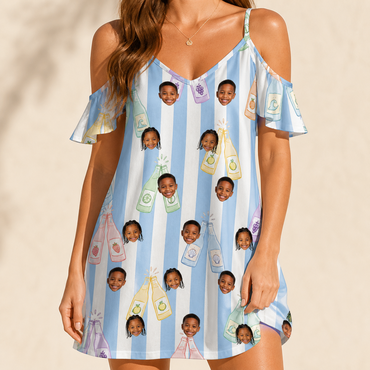 Model wearing Women's Bottle Belles Custom Face Off-Shoulder Dress printed with kids' faces