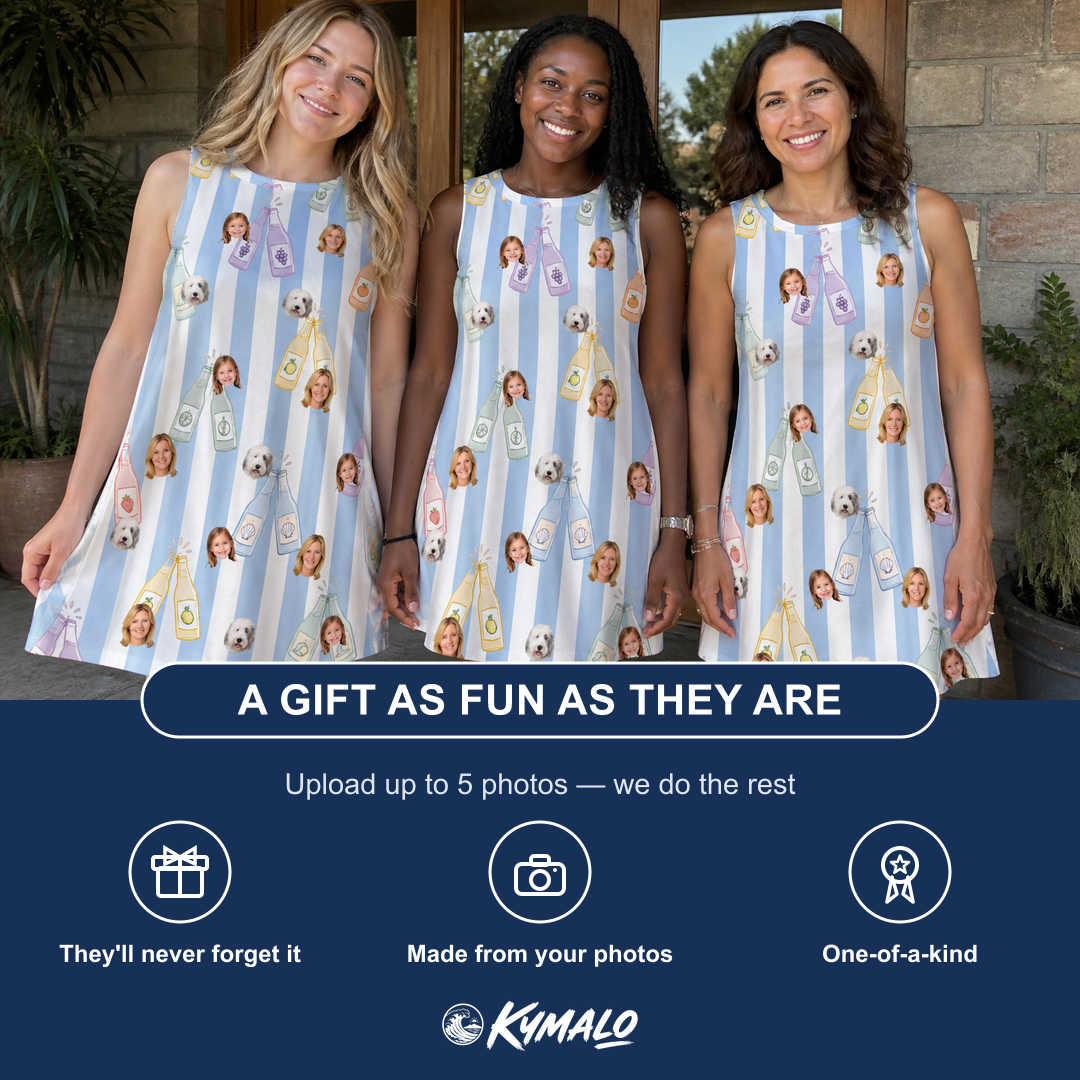 Friends in matching Women's Bottle Belles Custom Face Tank Dress — a group gift photo