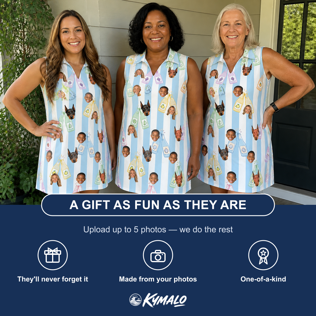 Friends in matching Women's Bottle Belles Custom Face V-Neck Dress — a group gift photo