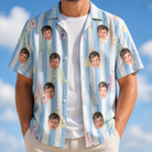 Man wearing Men's Bottle Belles Custom Face Hawaiian Shirt open over a white tee