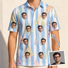 Man wearing Men's Bottle Belles Custom Face Polo Shirt — custom faces printed all-over