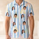 Model wearing Men's Bottle Belles Custom Face Polo Shirt printed with kids' faces