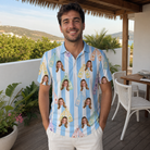 Real-life photo of someone wearing Men's Bottle Belles Custom Face Polo Shirt — custom faces printed all-over