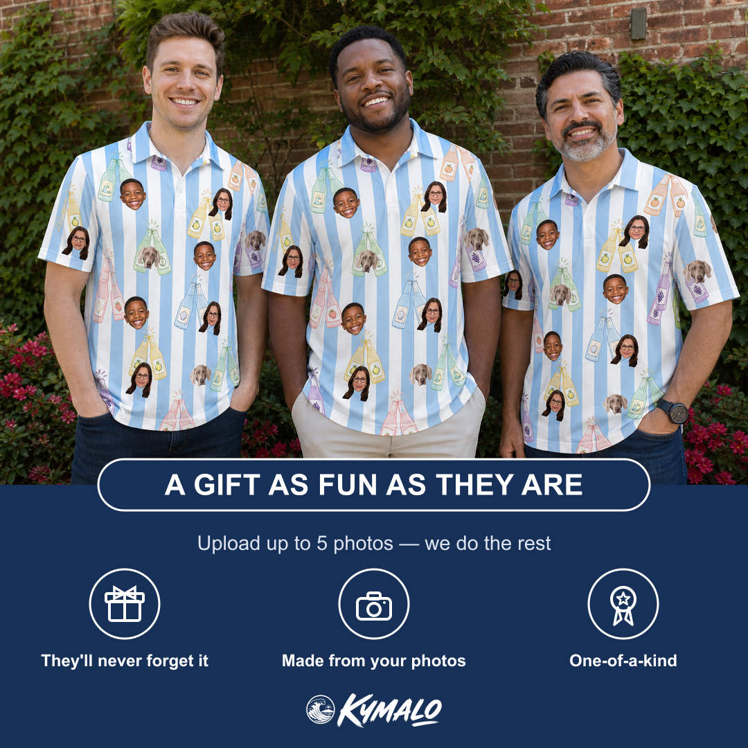 Friends in matching Men's Bottle Belles Custom Face Polo Shirt — a group gift photo
