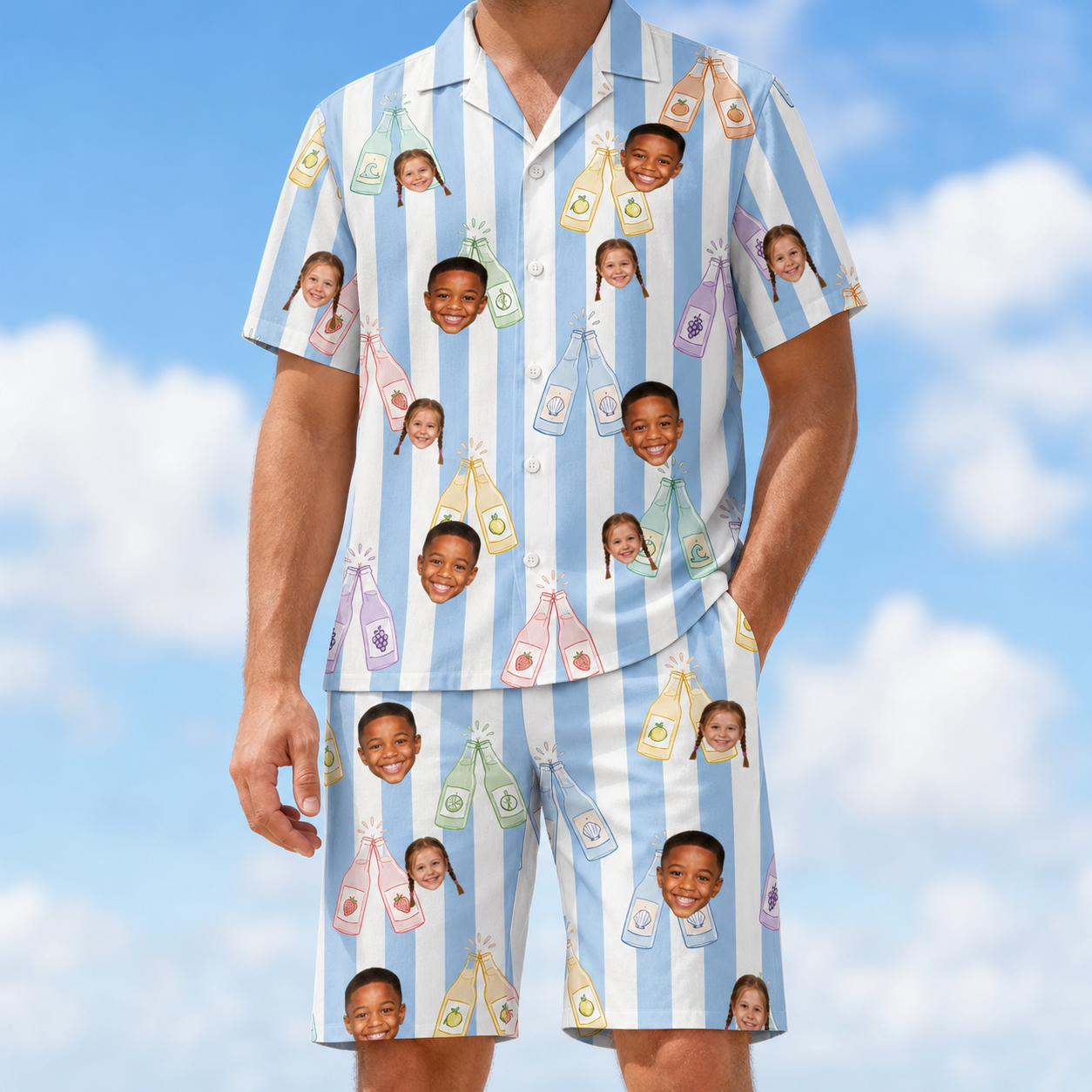 Model wearing Men's Bottle Belles Custom Face Shirt & Shorts Set printed with kids' faces