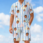 Model wearing Men's Bottle Belles Custom Face Shirt & Shorts Set printed with kids' faces