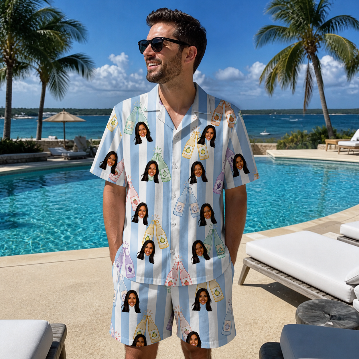 Real-life photo of someone wearing Men's Bottle Belles Custom Face Shirt & Shorts Set — custom faces printed all-over