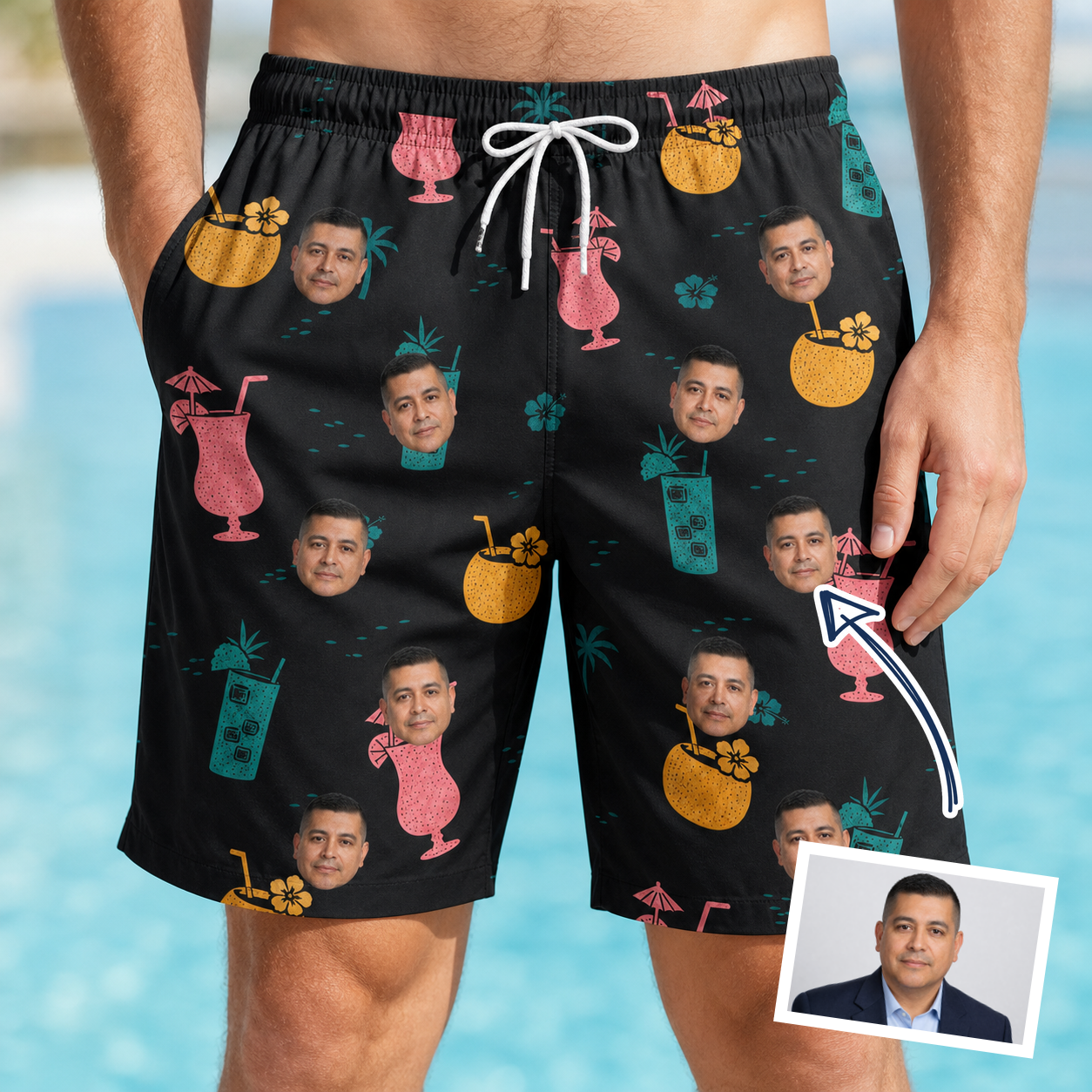 Man wearing Men's Pour Decisions Custom Face Beach Shorts — custom faces printed all-over
