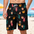 Model wearing Men's Pour Decisions Custom Face Beach Shorts printed with kids' faces