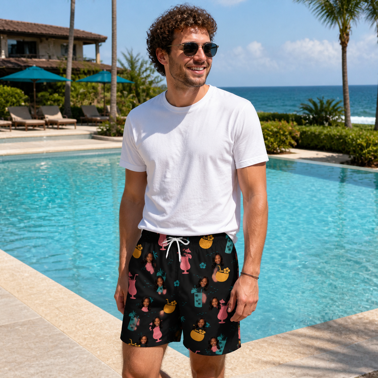 Real-life photo of someone wearing Men's Pour Decisions Custom Face Beach Shorts — custom faces printed all-over