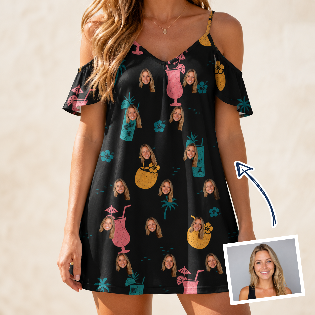 Woman wearing Women's Pour Decisions Custom Face Off-Shoulder Dress — custom faces printed all-over