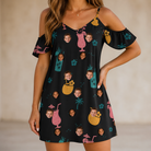 Model wearing Women's Pour Decisions Custom Face Off-Shoulder Dress printed with kids' faces