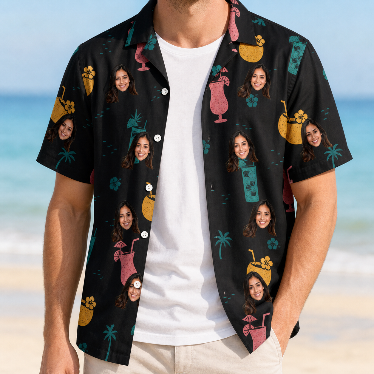 Man wearing Men's Pour Decisions Custom Face Hawaiian Shirt open over a white tee
