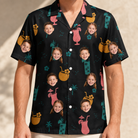Model wearing Men's Pour Decisions Custom Face Hawaiian Shirt printed with kids' faces