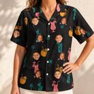 Model wearing Women's Pour Decisions Custom Face Hawaiian Shirt printed with kids' faces