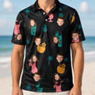 Model wearing Men's Pour Decisions Custom Face Polo Shirt printed with kids' faces
