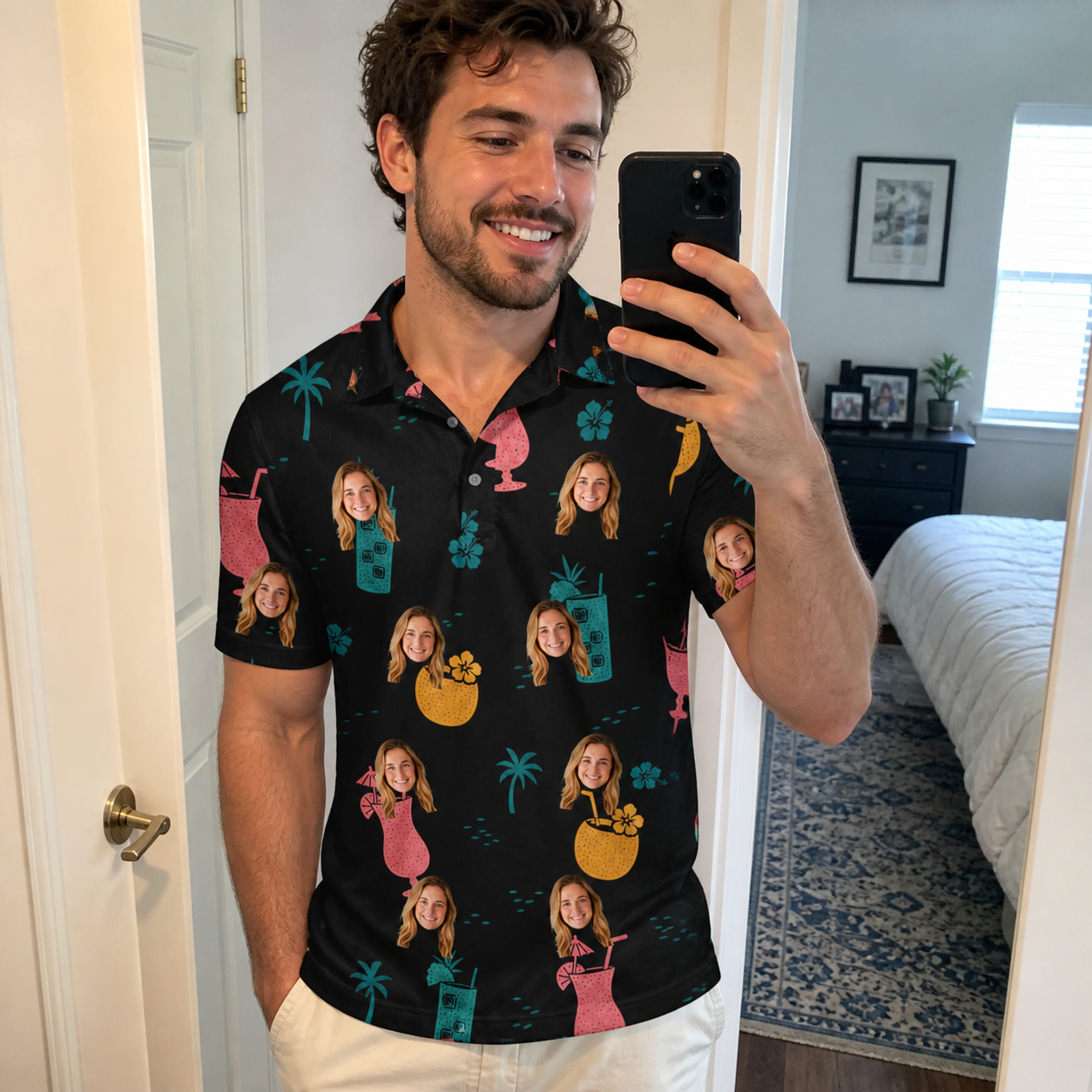 Real-life photo of someone wearing Men's Pour Decisions Custom Face Polo Shirt — custom faces printed all-over