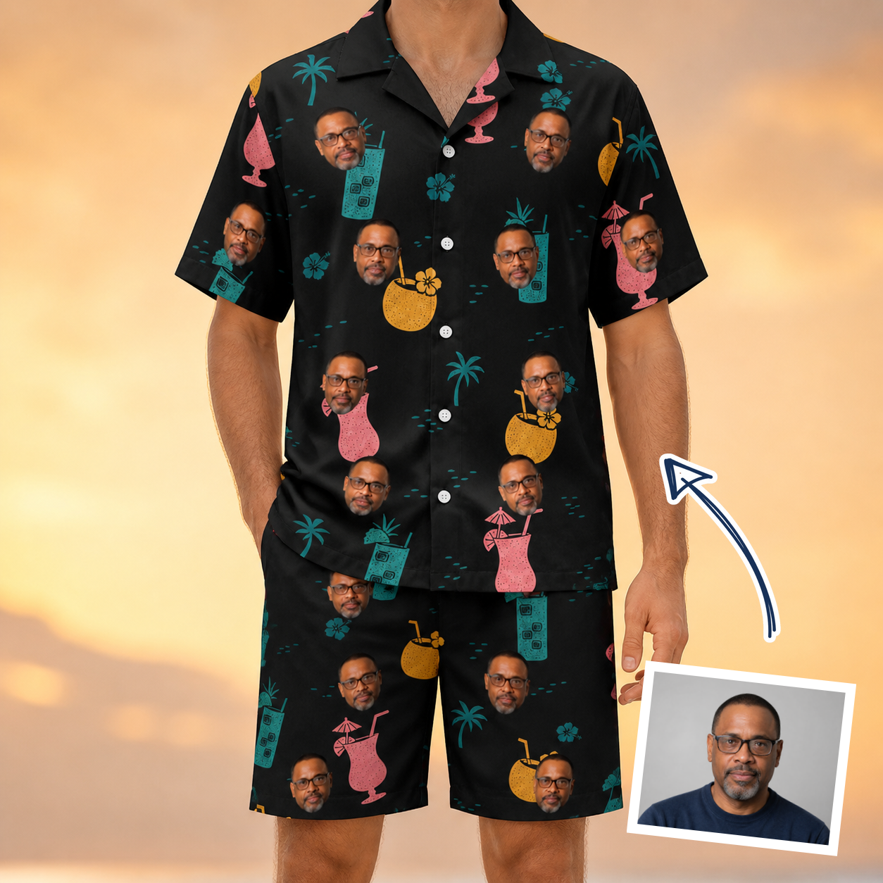 Man wearing Men's Pour Decisions Custom Face Shirt & Shorts Set — custom faces printed all-over
