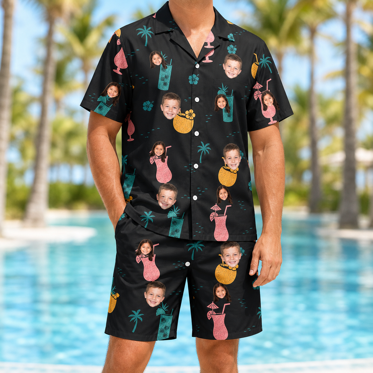 Model wearing Men's Pour Decisions Custom Face Shirt & Shorts Set printed with kids' faces
