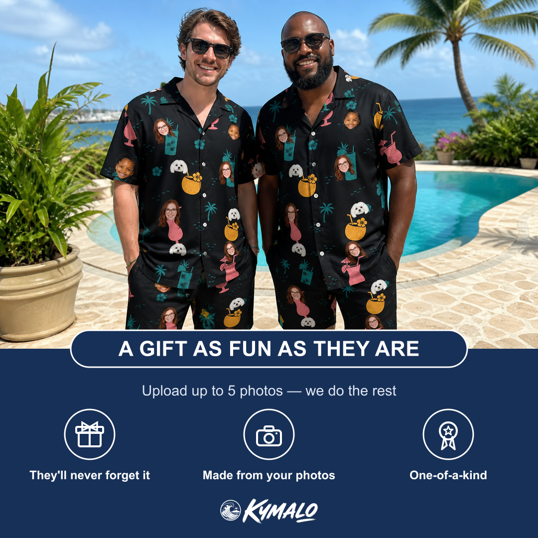 Friends in matching Men's Pour Decisions Custom Face Shirt & Shorts Set — a group gift photo