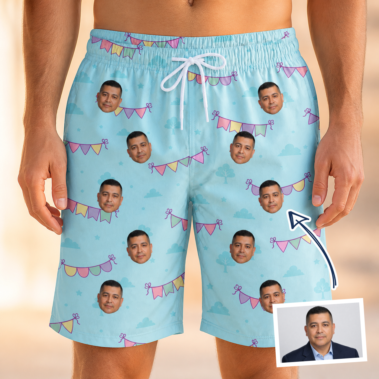 Man wearing Men's Festoon Fling Custom Face Beach Shorts — custom faces printed all-over