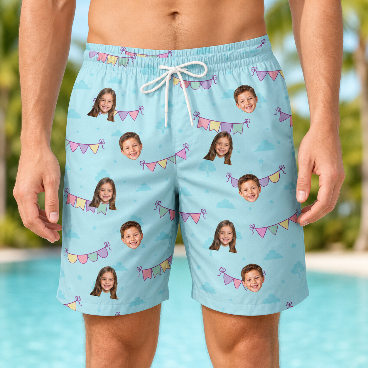 Model wearing Men's Festoon Fling Custom Face Beach Shorts printed with kids' faces