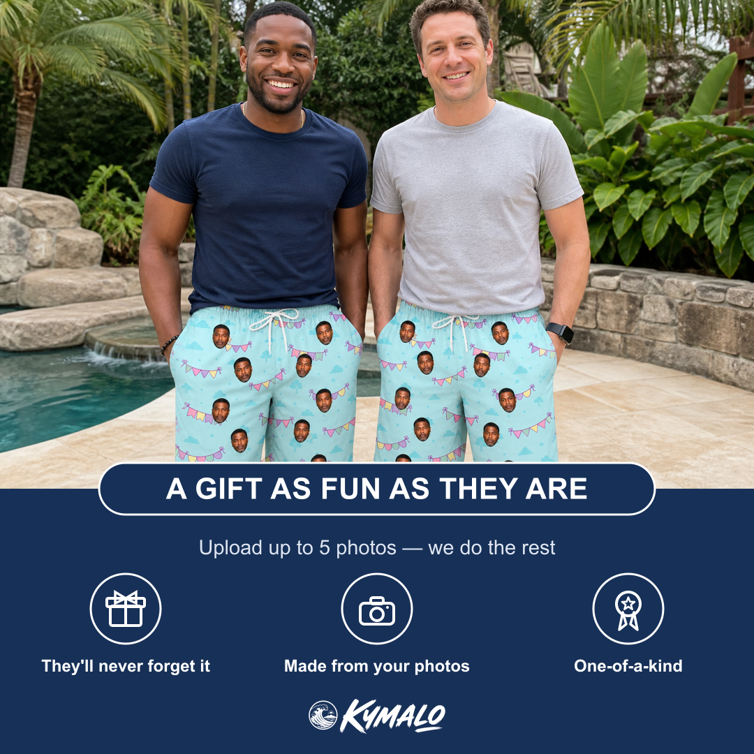 Friends in matching Men's Festoon Fling Custom Face Beach Shorts — a group gift photo