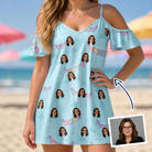 Woman wearing Women's Festoon Fling Custom Face Off-Shoulder Dress — custom faces printed all-over