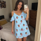 Real-life photo of someone wearing Women's Festoon Fling Custom Face Off-Shoulder Dress — custom faces printed all-over