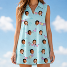 Model wearing Women's Festoon Fling Custom Face V-Neck Dress printed with kids' faces