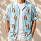 Man wearing Men's Festoon Fling Custom Face Hawaiian Shirt open over a white tee