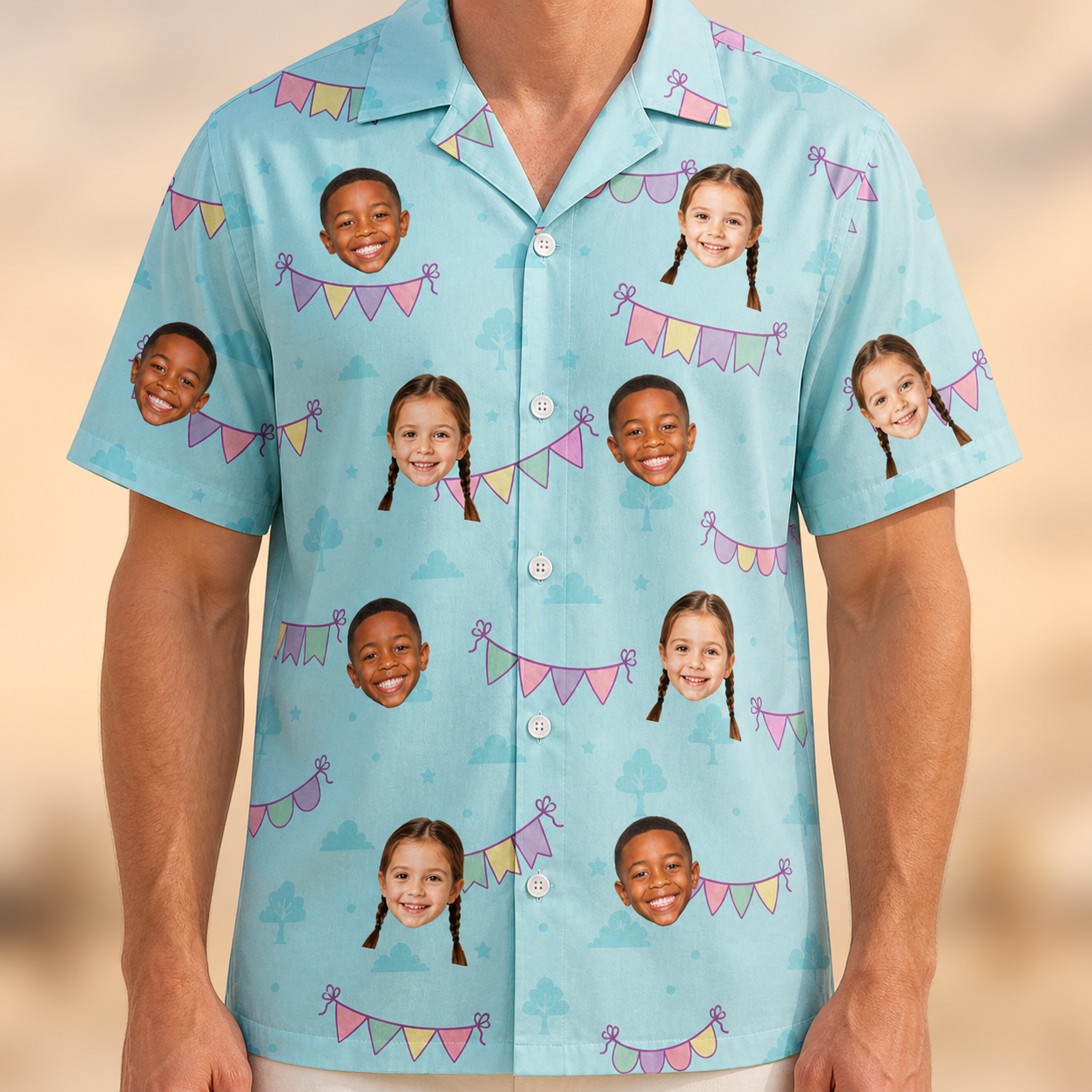 Model wearing Men's Festoon Fling Custom Face Hawaiian Shirt printed with kids' faces