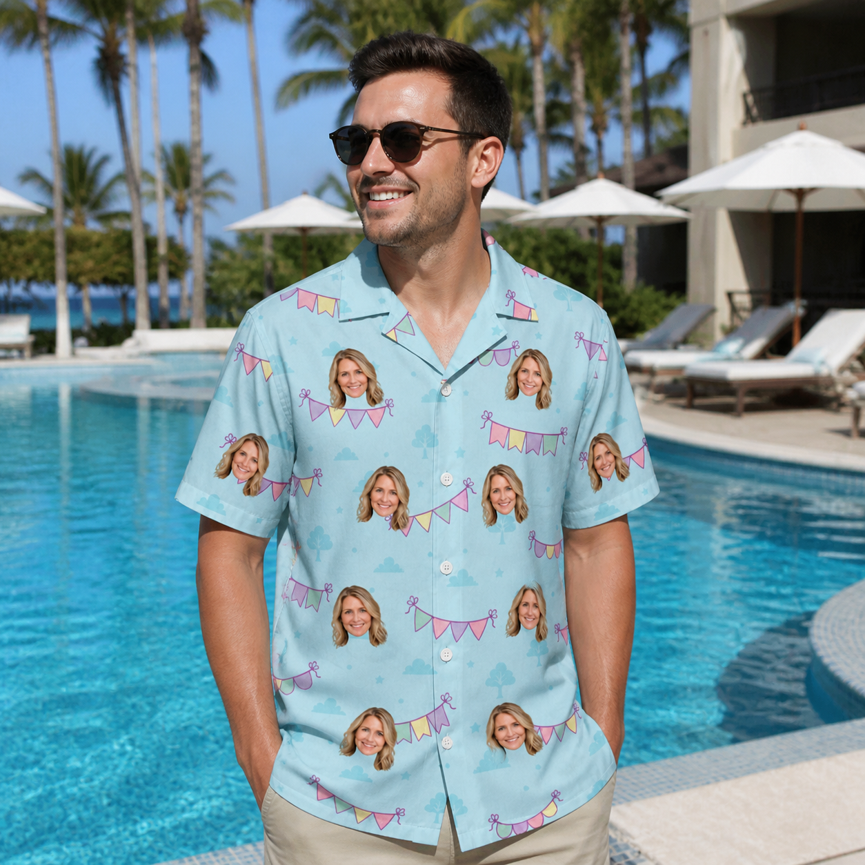 Real-life photo of someone wearing Men's Festoon Fling Custom Face Hawaiian Shirt — custom faces printed all-over